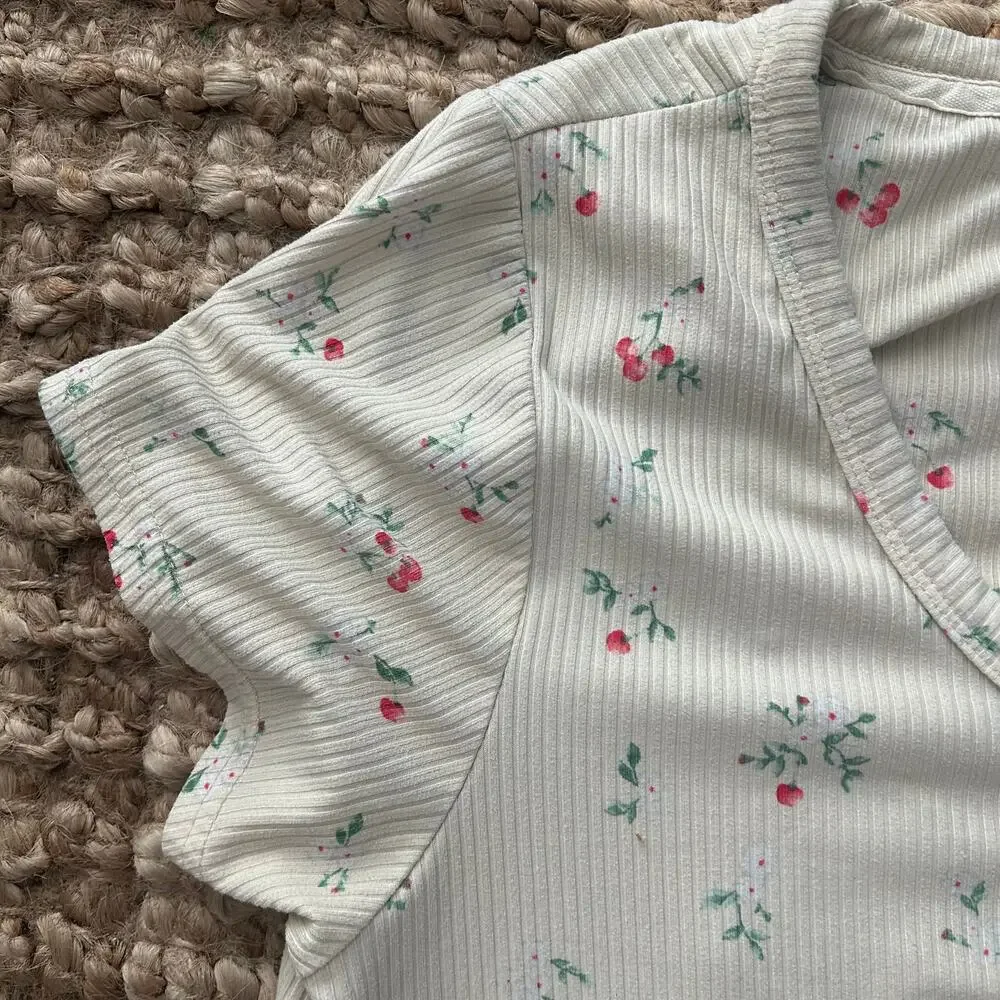 Laura Ashley Floral Ribbed Nightgown Cream Cherry Print Henley Sleep Shirt L